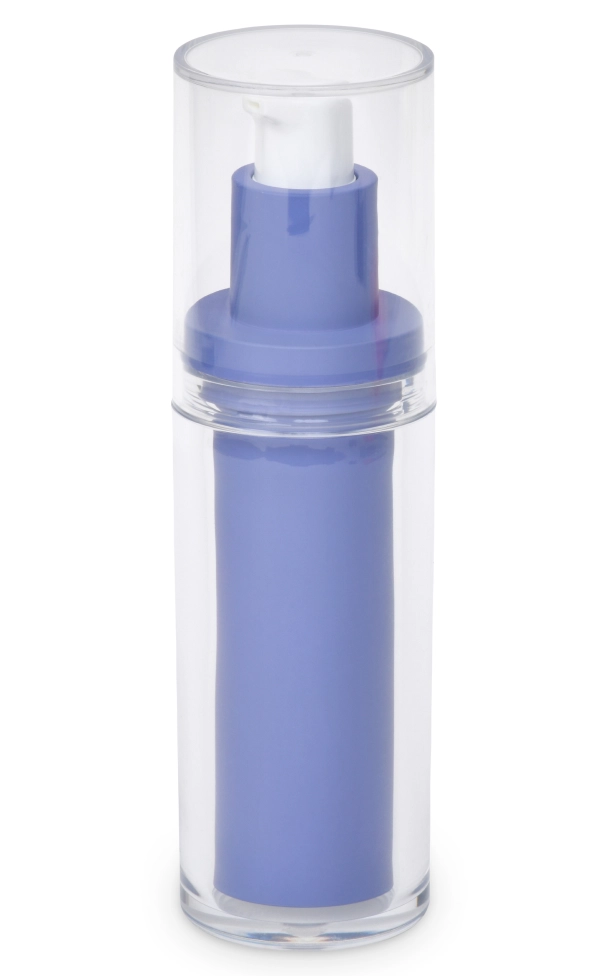 A clear cylindrical plastic bottle with a blue inner chamber and a white pump dispenser, enclosed by a transparent cap. The bottle appears to be for cosmetic or skincare products.