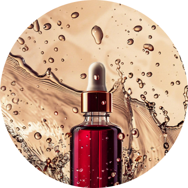 A dark red dropper bottle with a white cap is centered in the image, surrounded by splashes of water and water droplets against a beige background. The motion of the water creates a dynamic and vibrant scene, emphasizing the product's freshness and purity.