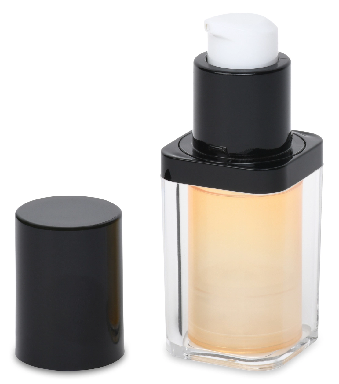 A clear rectangular bottle with black pump dispenser containing a creamy liquid, likely a cosmetic or skincare product, is shown. The black cap is placed beside the bottle.