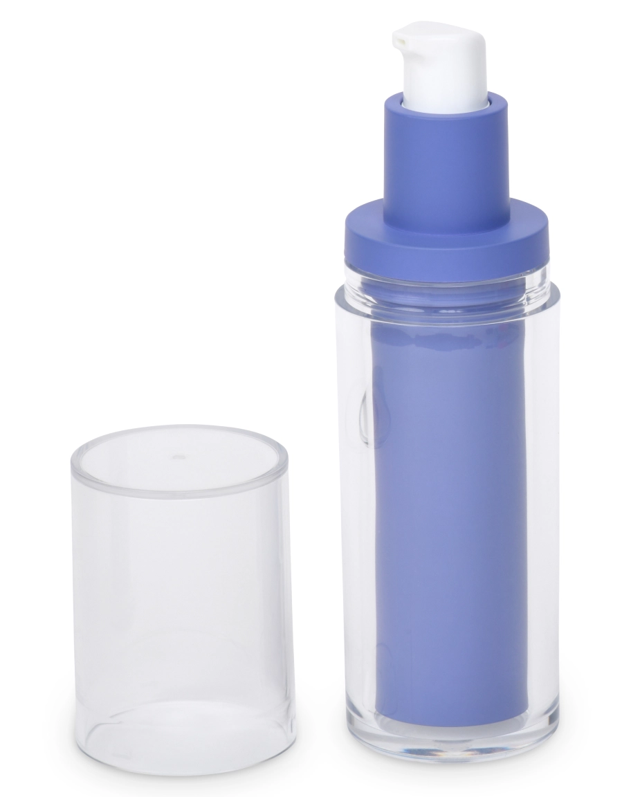 A clear plastic bottle with a blue pump top and an upright cap beside it. The bottle is designed for dispensing liquid products like lotion or soap.